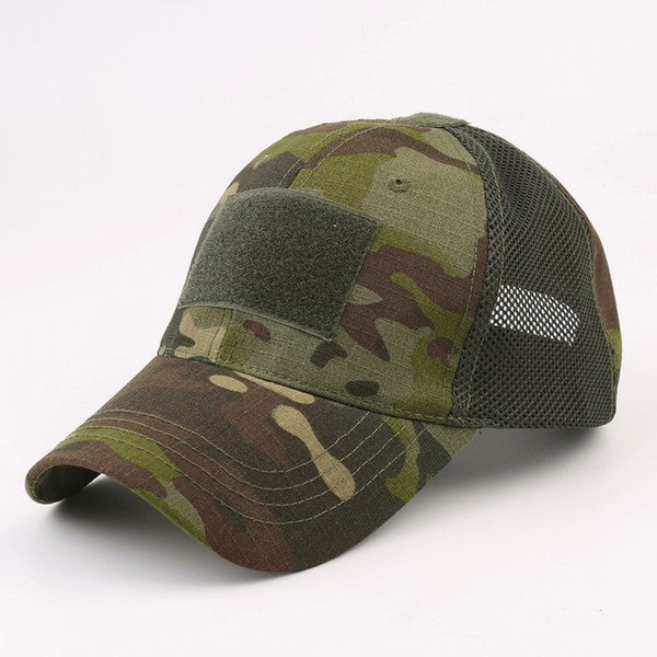 Tactical Military Patch Hat with adjustable strap and breathable mesh back.