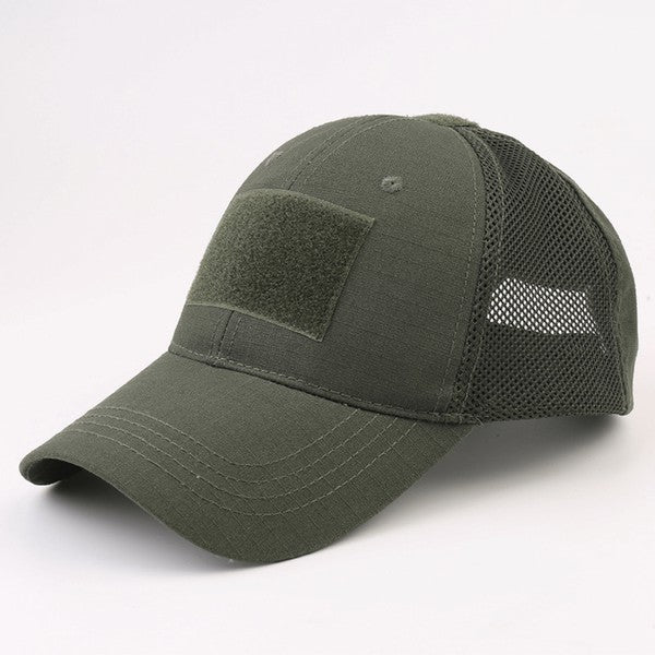 Tactical Military Patch Hat with adjustable strap and breathable mesh back.