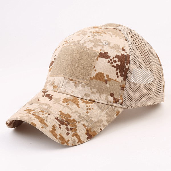 Tactical Military Patch Hat with adjustable strap and breathable mesh back.