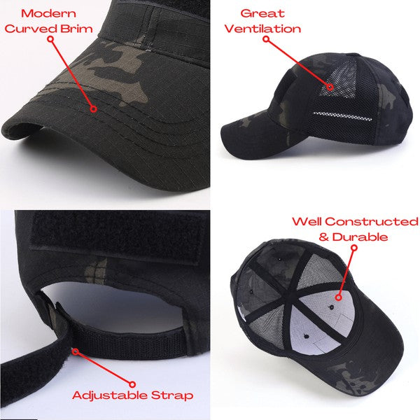 Tactical Military Patch Hat with adjustable strap and breathable mesh back.