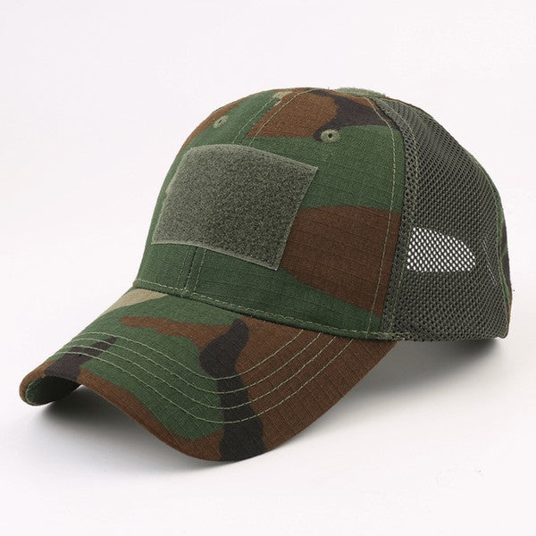Tactical Military Patch Hat with adjustable strap and breathable mesh back.