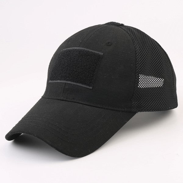 Tactical Military Patch Hat with adjustable strap and breathable mesh back.