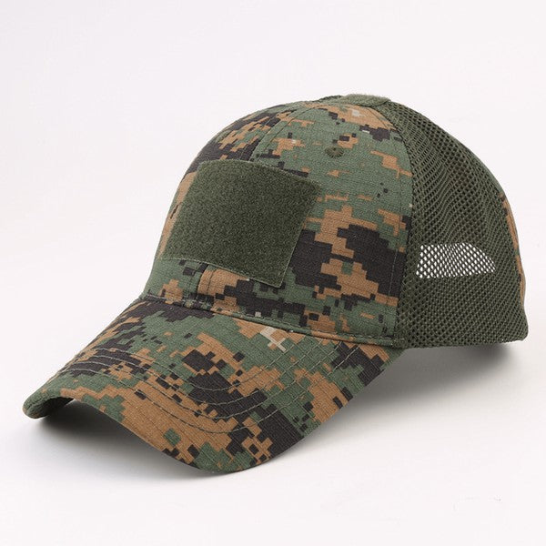 Tactical Military Patch Hat with adjustable strap and breathable mesh back.