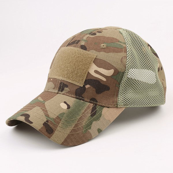 Tactical Military Patch Hat with adjustable strap and breathable mesh back.