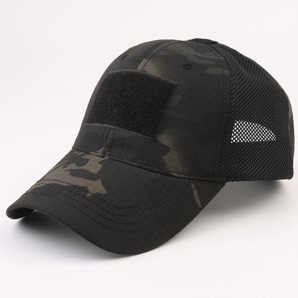 Tactical Military Patch Hat with adjustable strap and breathable mesh back.