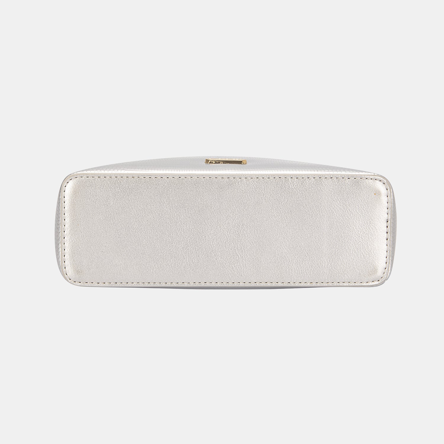 The David Jones Texture PU Leather Handbag is a cream-colored cosmetic bag featuring a convenient handle and is crafted from textured PU leather, complete with a gold zipper adorned with a small lock charm.