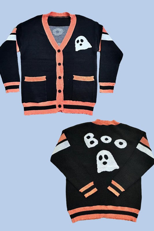 Front and back view of the "Ghost Cardigan," a button-front black cardigan with orange trim, featuring a ghost design on the front pocket and "Boo" with a ghost on the back. This exclusive in-house design is available in plus sizing for the perfect fit.