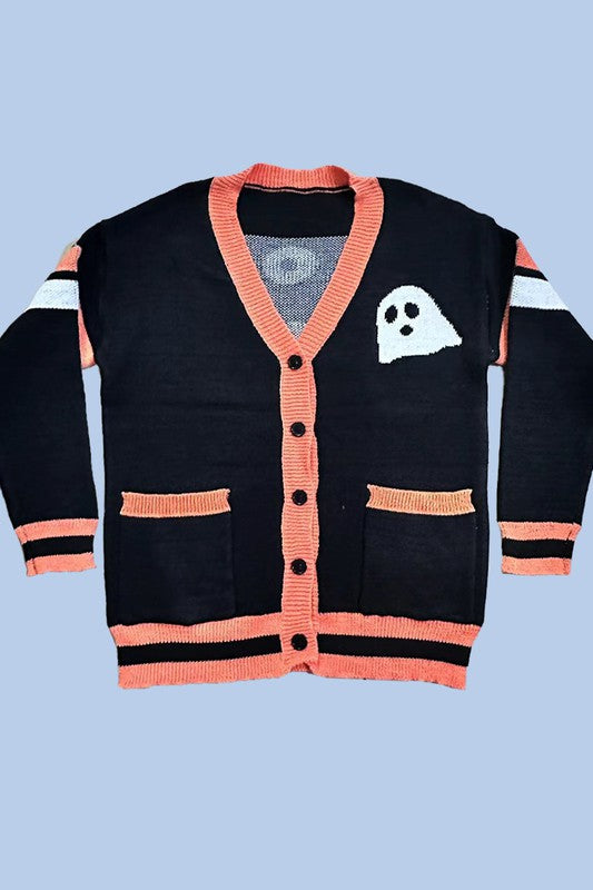 Front and back view of the "Ghost Cardigan," a button-front black cardigan with orange trim, featuring a ghost design on the front pocket and "Boo" with a ghost on the back. This exclusive in-house design is available in plus sizing for the perfect fit.