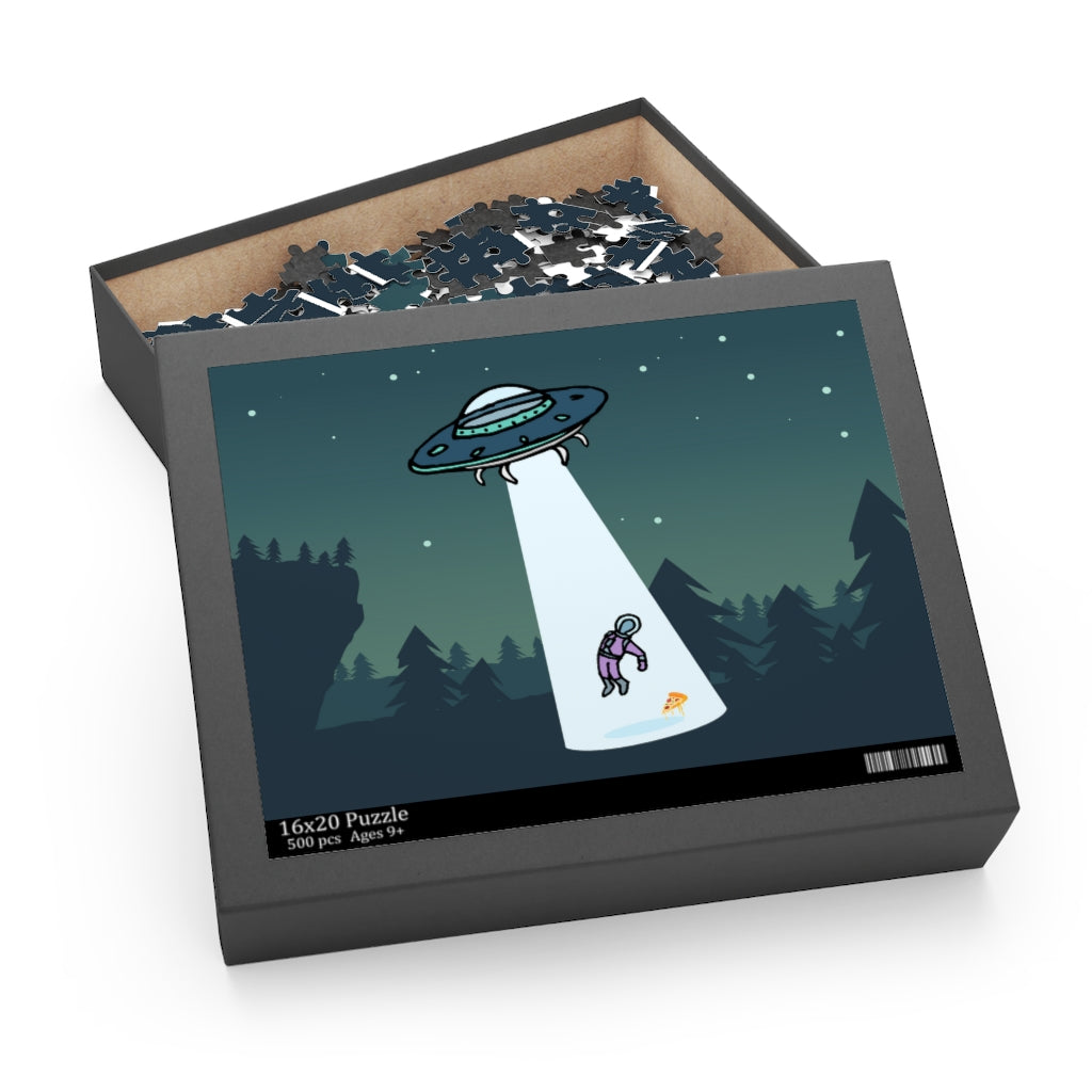 Illustration of a UFO abducting an astronaut in a forest at night, depicted on an Alien Abduction with Pizza Jigsaw Puzzle 500-Piece.