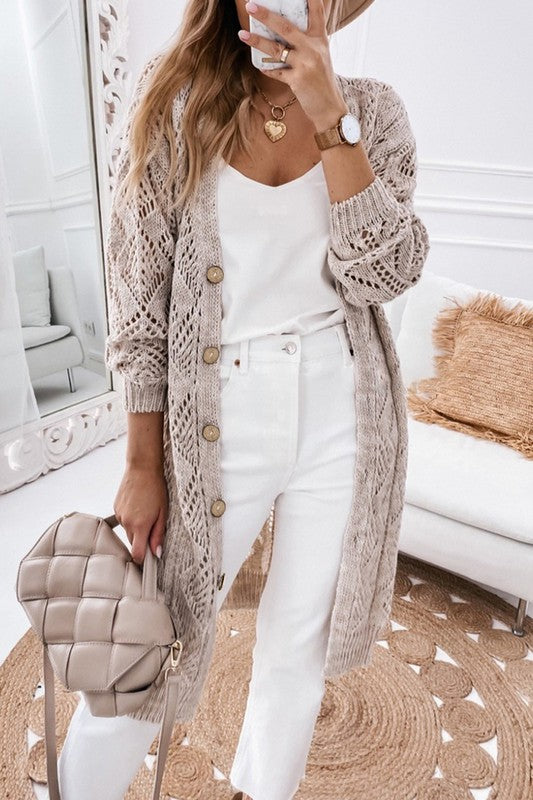 A person wearing a beige hat, white outfit, and an eyelet sweater button cream cardigan with a hollowed knit design takes a mirror selfie in a white, modern room with a beige purse.