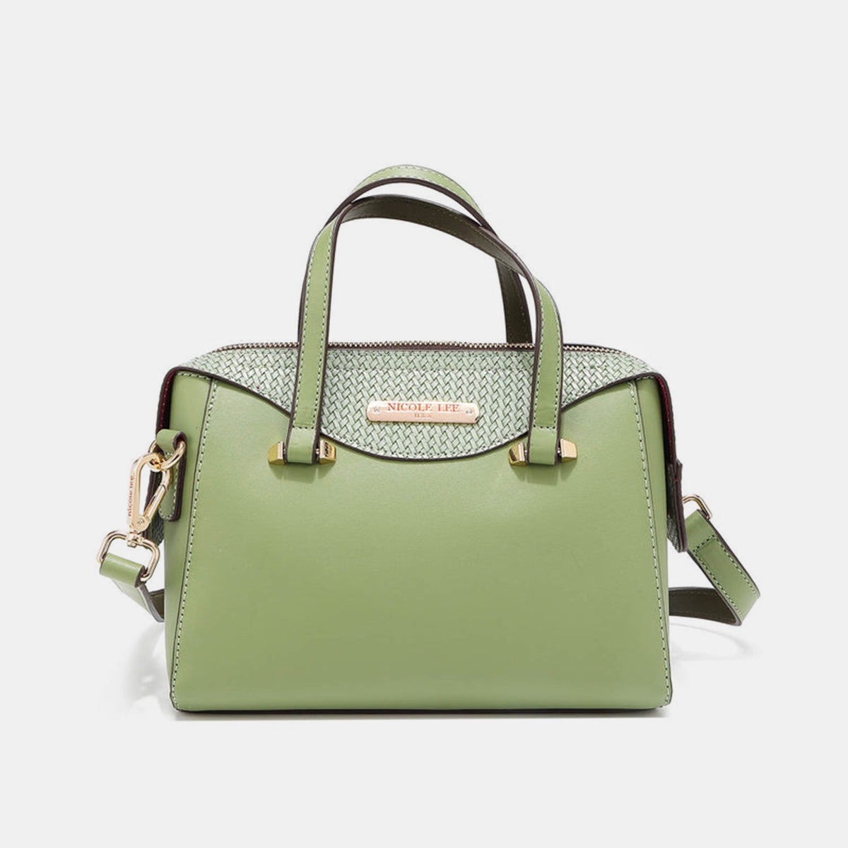 Displayed against a neutral background are three handbags from the Nicole Lee USA 3-Piece Handbag Set in green and beige, including a chic Clutch Wristlet.