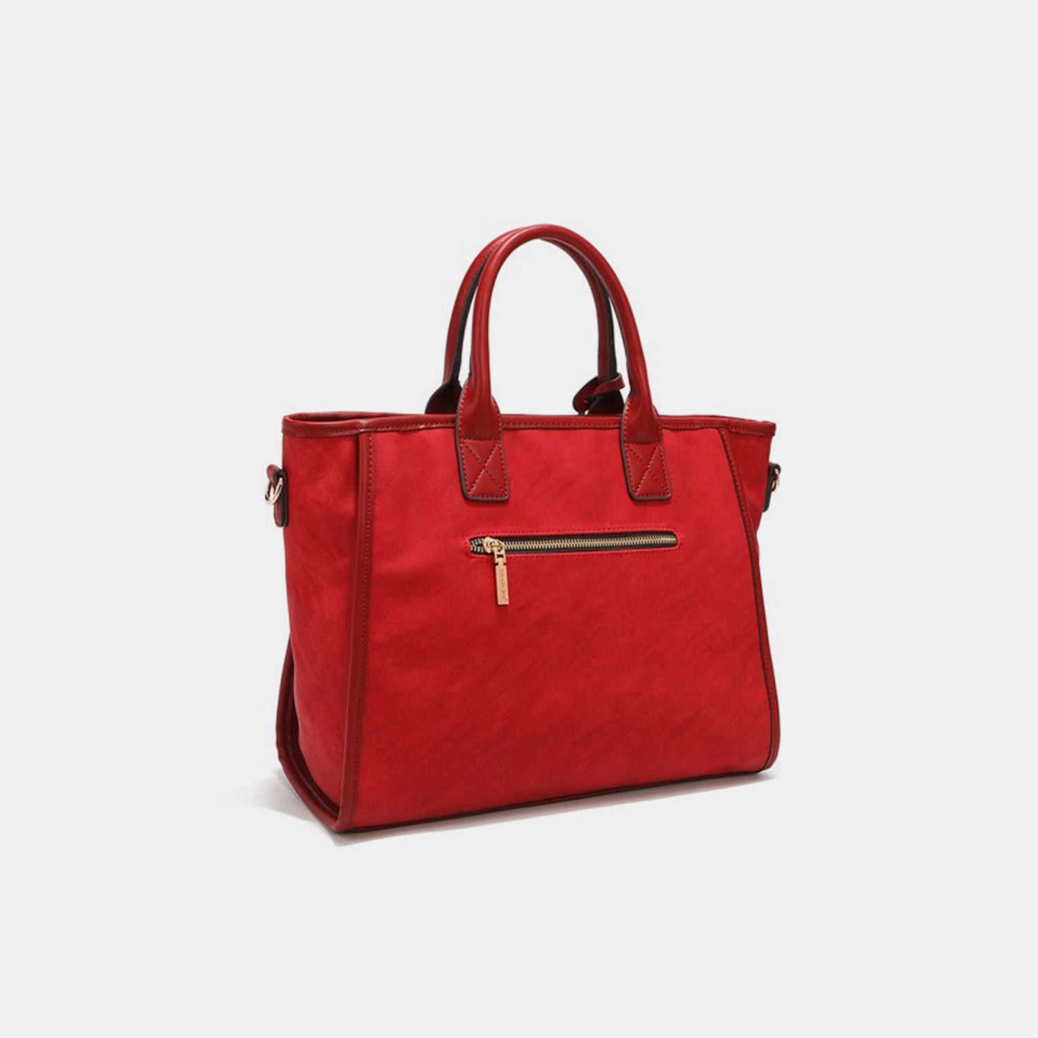 The Nicole Lee USA Scallop Stitched Handbag is crafted from vegan leather in a striking red color, featuring a textured front and elegant gold accents. It includes scallop-stitched details, two handles, and an adjustable shoulder strap for versatile carrying options.