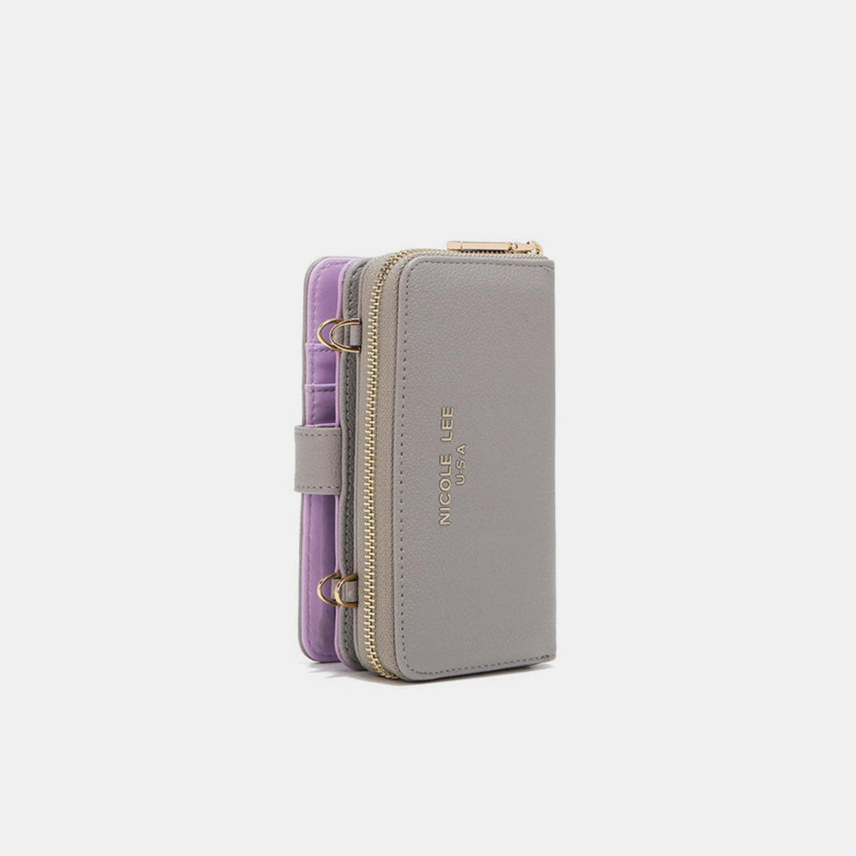 A yellow Nicole Lee USA 2 Piece Phone Case Crossbody Wallet, crafted from vegan leather, with a detachable strap and a snap button closure, displayed against a white background.