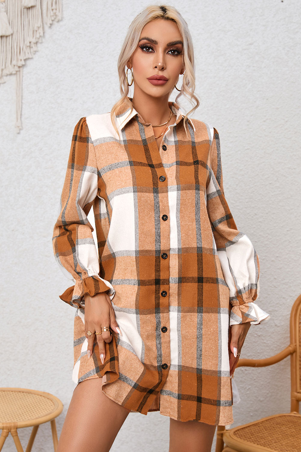 A woman wearing a Khaki Plaid Pattern Collared Neck Ruffled Sleeve Shirt Dress.