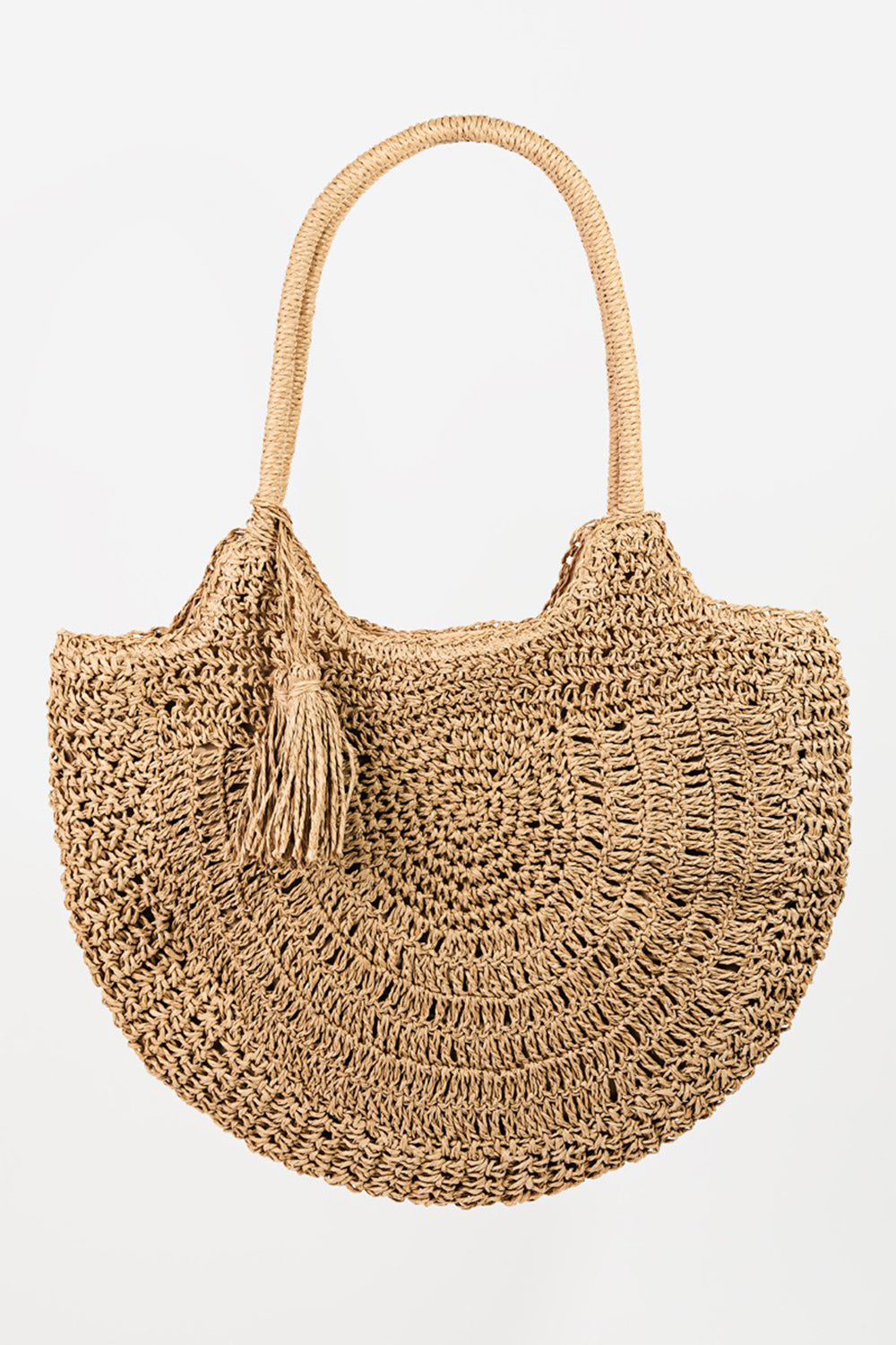 The Fame Straw Braided Tote Bag with Tassel, a woven straw handbag in a semi-circular shape featuring a braided handle and a decorative tassel, exudes Bohemian flair.