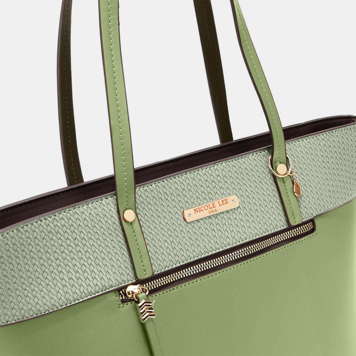 Displayed against a neutral background are three handbags from the Nicole Lee USA 3-Piece Handbag Set in green and beige, including a chic Clutch Wristlet.