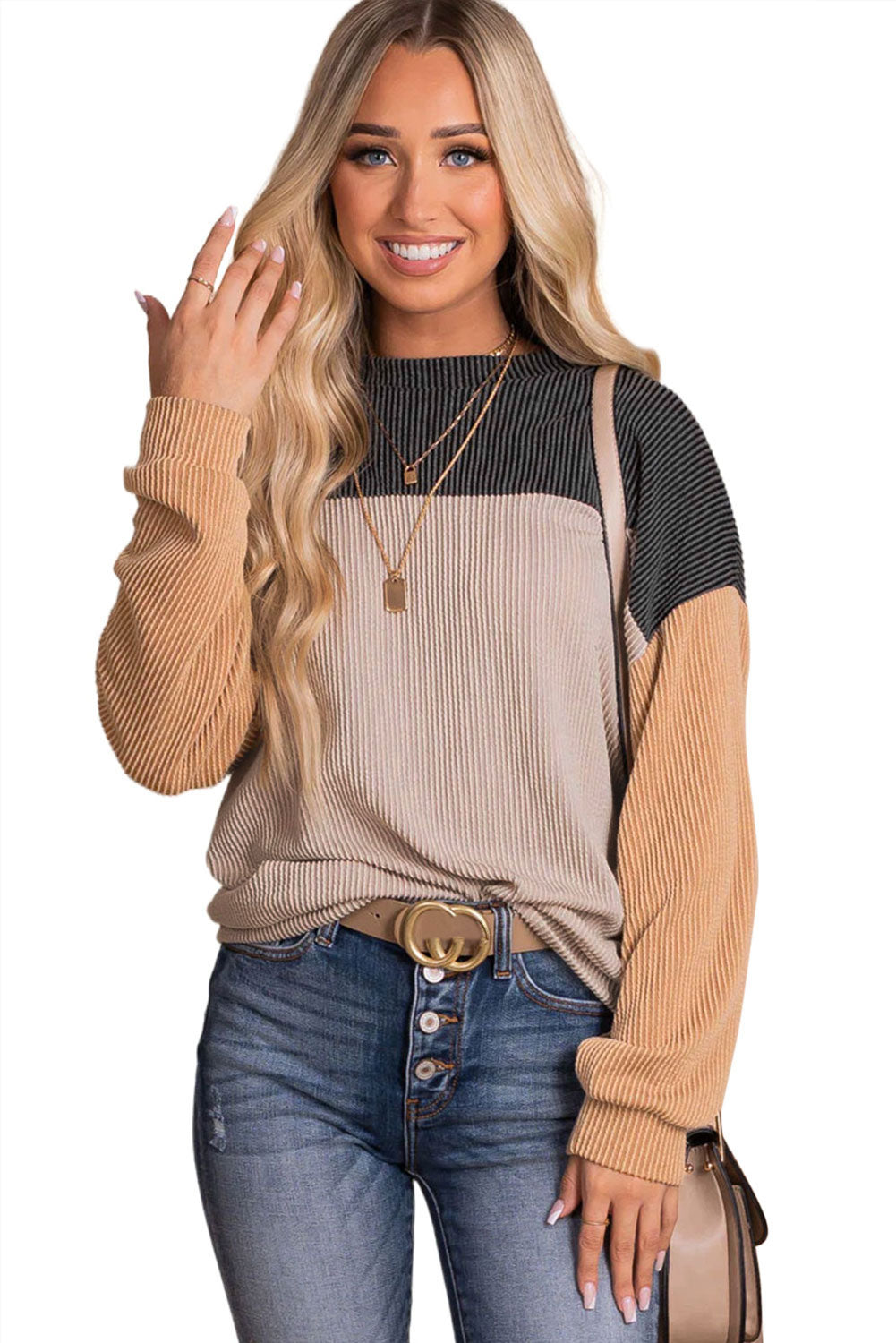 Wholesale Black Color Block Corduroy Long Sleeve Tops.