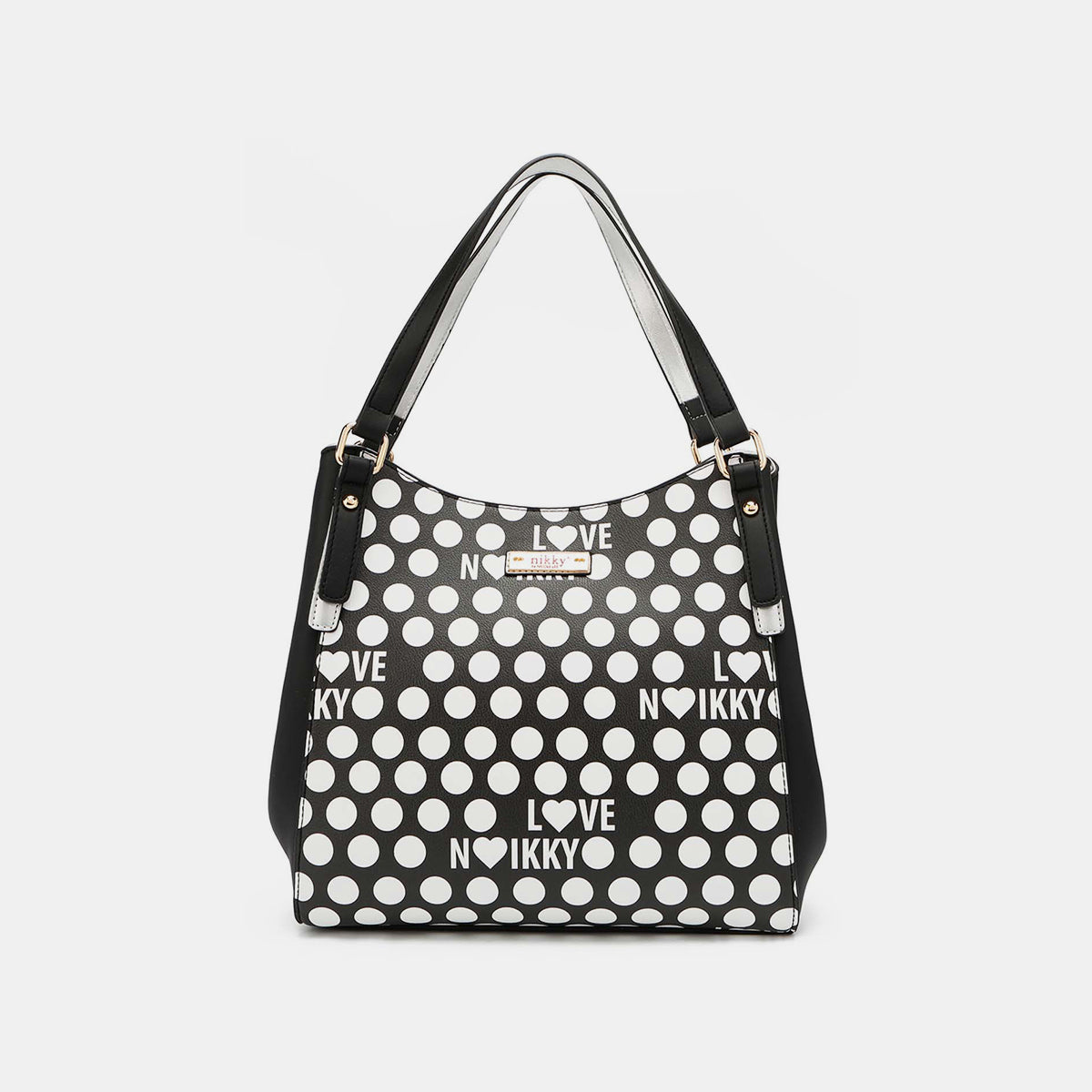 Nicole Lee USA Contrast Polka Dot Handbag made of vegan leather, featuring a green and white polka dot design, an "I LOVE NIKKY" text pattern, and a vibrant orange interior lining.