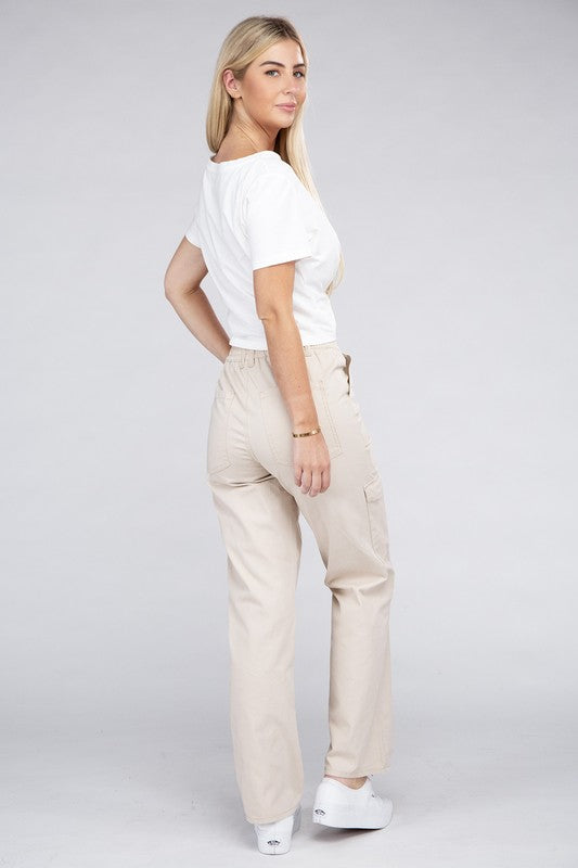 A person is wearing high-waisted, olive green Everyday Wear Elastic-Waist Cargo Pants, complemented by black high-heeled sandals.