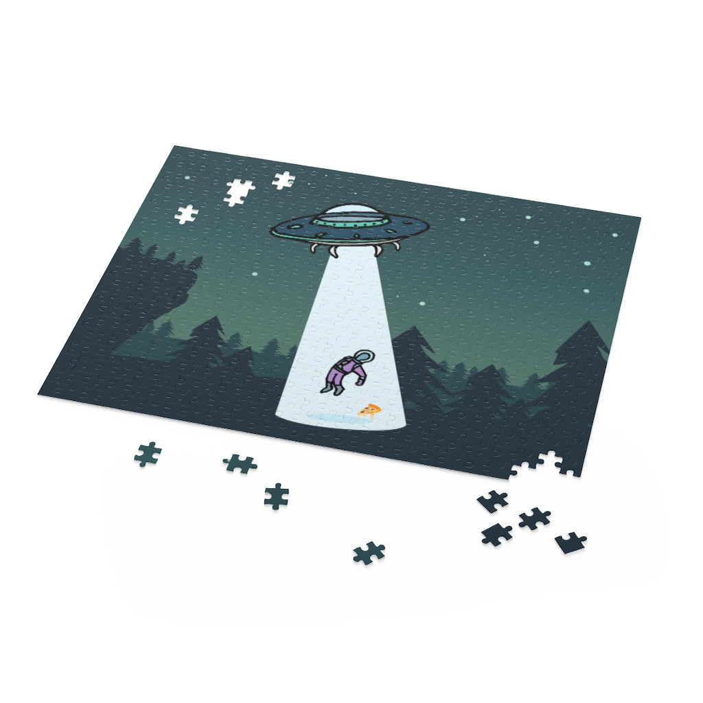 Illustration of a UFO abducting an astronaut in a forest at night, depicted on an Alien Abduction with Pizza Jigsaw Puzzle 500-Piece.