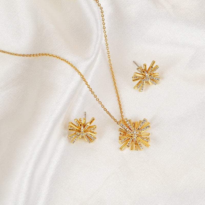 A breathtaking Starburst Gold-Plated Earrings and Necklace Set adorned with shimmering zircon accents.