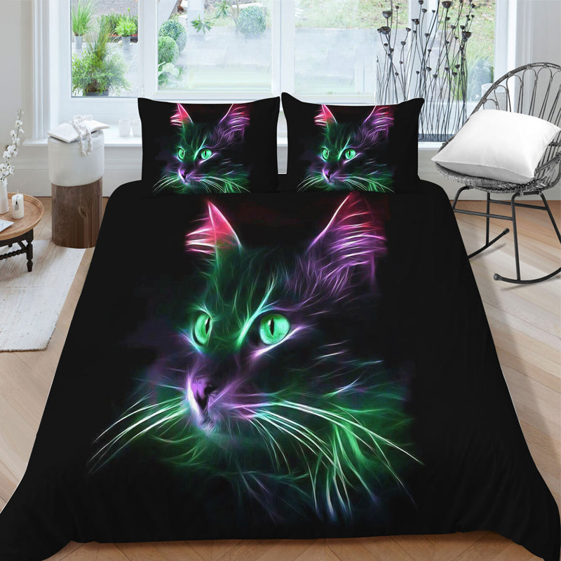 3D Printed Green Cat Design Bedding Set Duvet Cover and Pillowcases_8
