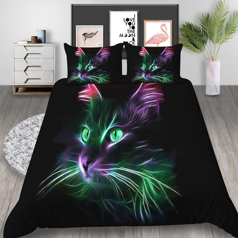 3D Printed Green Cat Design Bedding Set Duvet Cover and Pillowcases_2