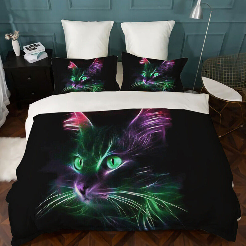 3D Printed Green Cat Design Bedding Set Duvet Cover and Pillowcases_3