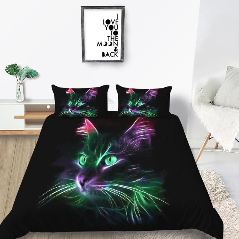 3D Printed Green Cat Design Bedding Set Duvet Cover and Pillowcases_7