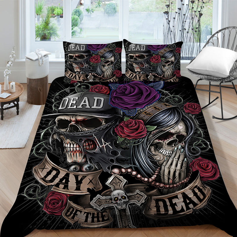 3D Purple Rose Flower and Skull Bedding Set Duvet Cover and Pillowcases_3