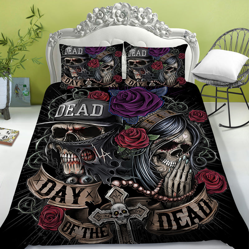 3D Purple Rose Flower and Skull Bedding Set Duvet Cover and Pillowcases_4