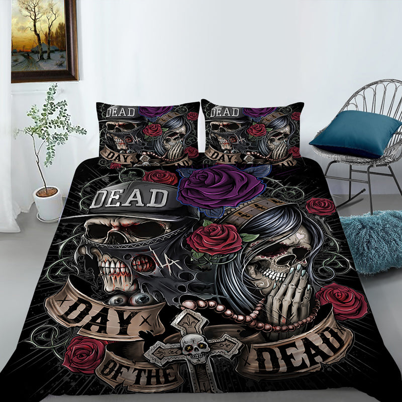 3D Purple Rose Flower and Skull Bedding Set Duvet Cover and Pillowcases_5