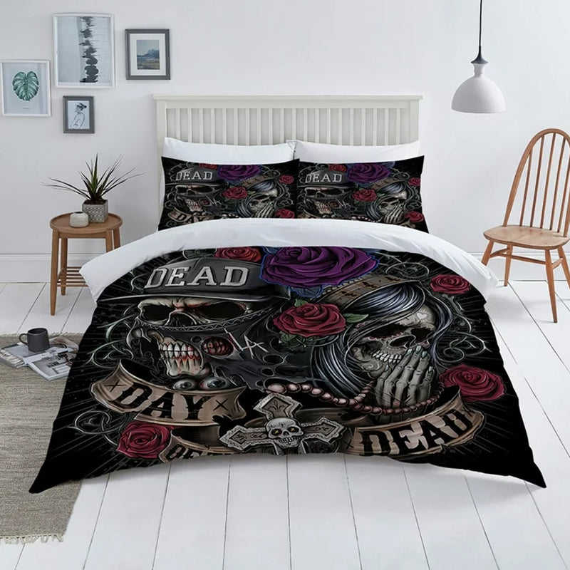3D Purple Rose Flower and Skull Bedding Set Duvet Cover and Pillowcases_6