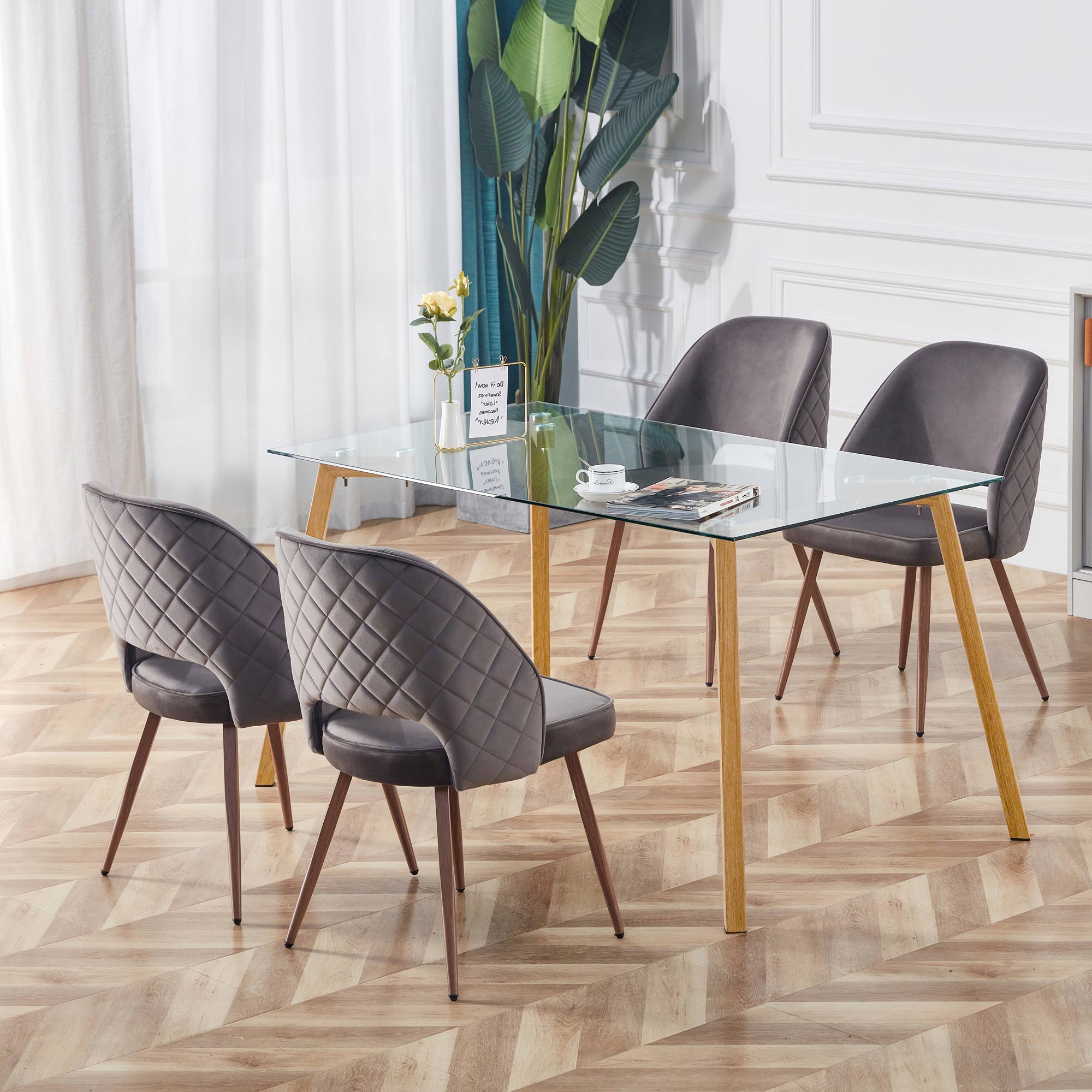 Modern Minimalist Rectangular Tempered Glass Dining Table with Brown Metal Legs_3