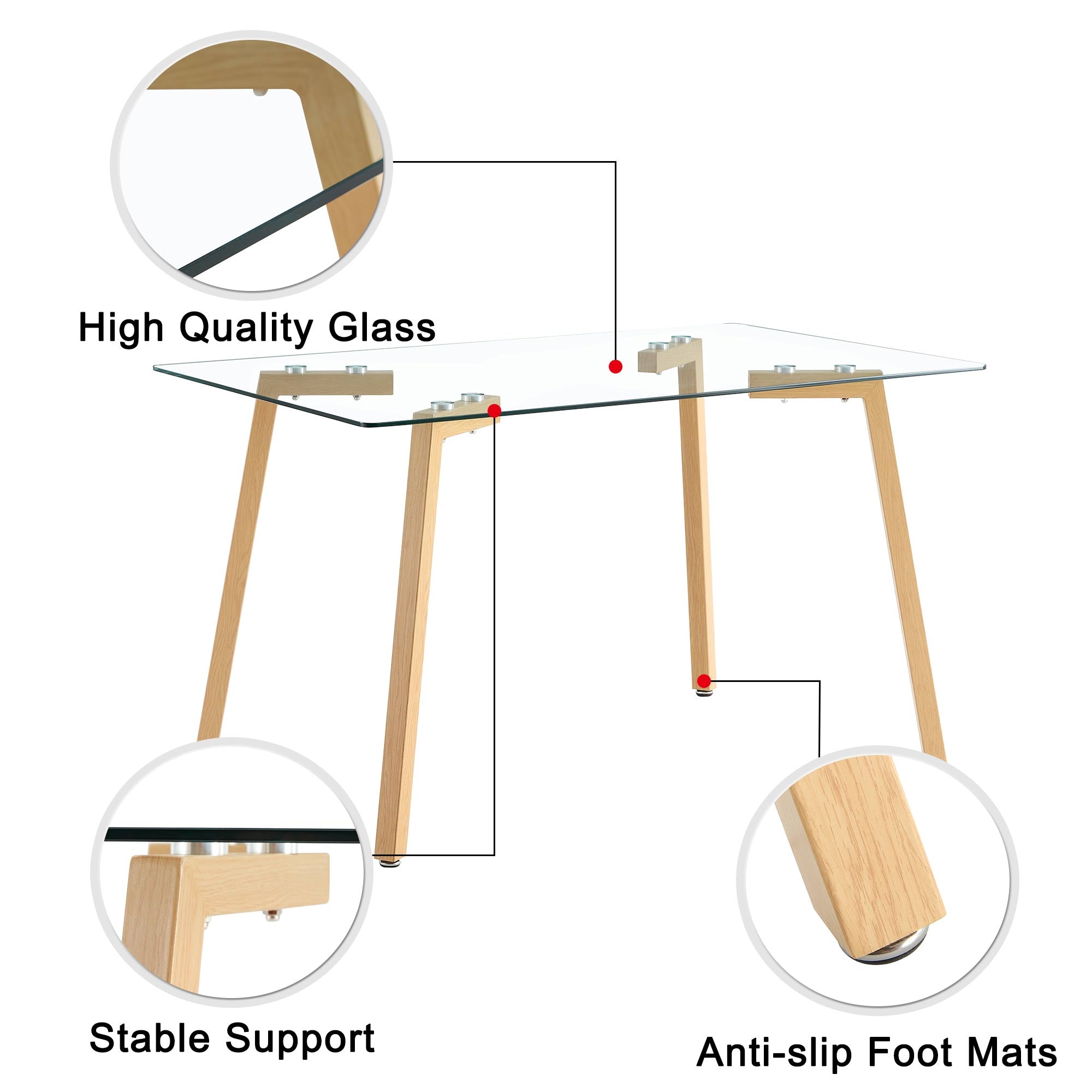 Modern Minimalist Rectangular Tempered Glass Dining Table with Brown Metal Legs_17