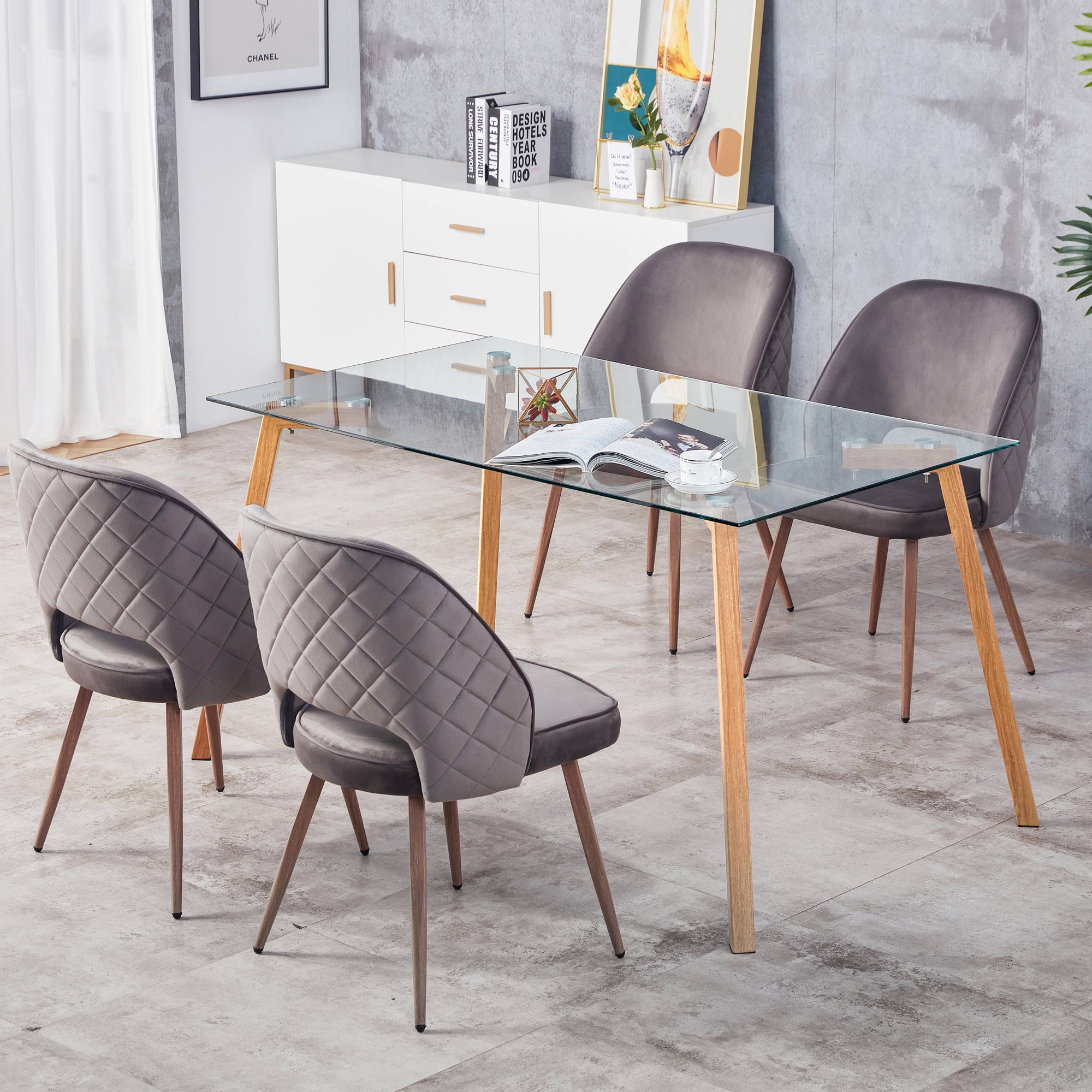 Modern Minimalist Rectangular Tempered Glass Dining Table with Brown Metal Legs_4