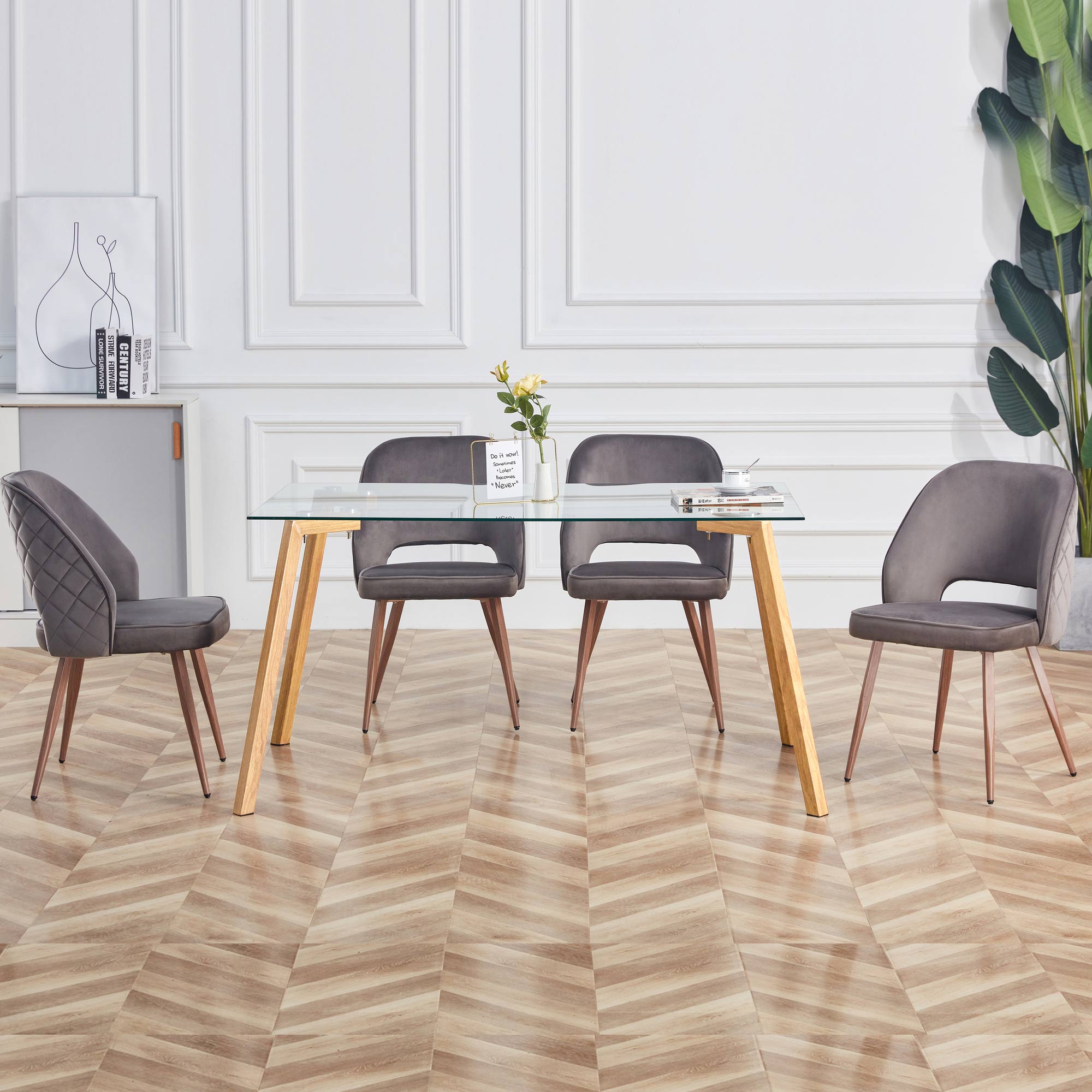 Modern Minimalist Rectangular Tempered Glass Dining Table with Brown Metal Legs_1