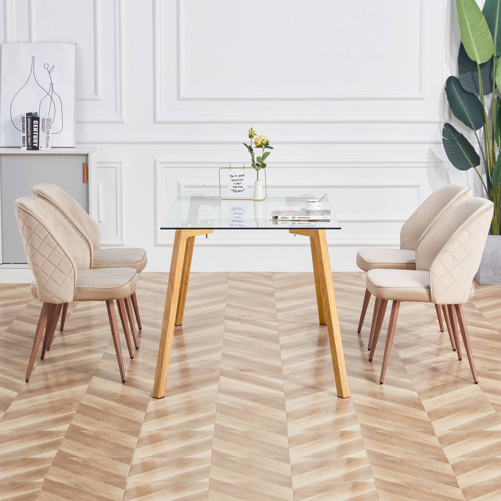Modern Minimalist Rectangular Tempered Glass Dining Table with Brown Metal Legs_2