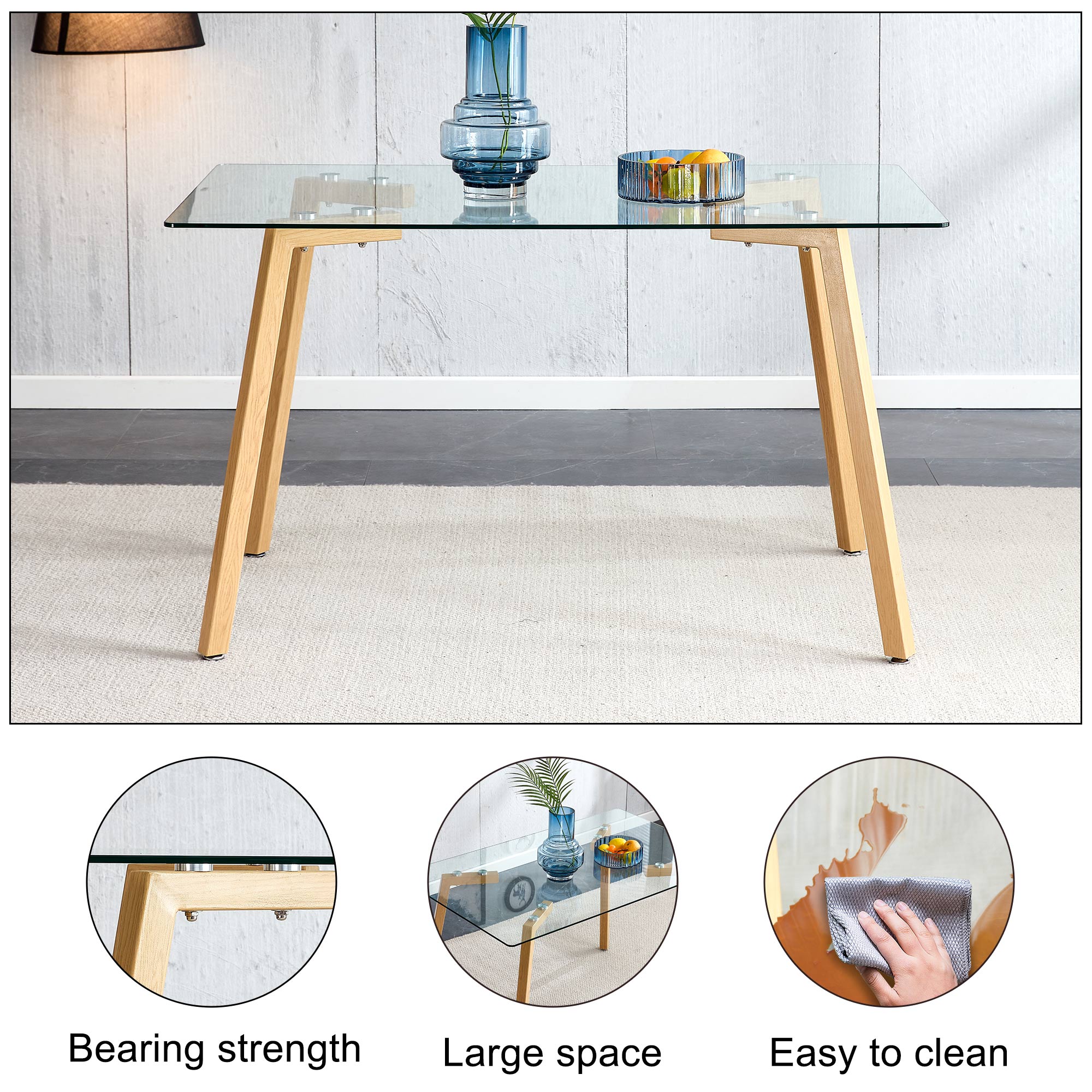Modern Minimalist Rectangular Tempered Glass Dining Table with Brown Metal Legs_14