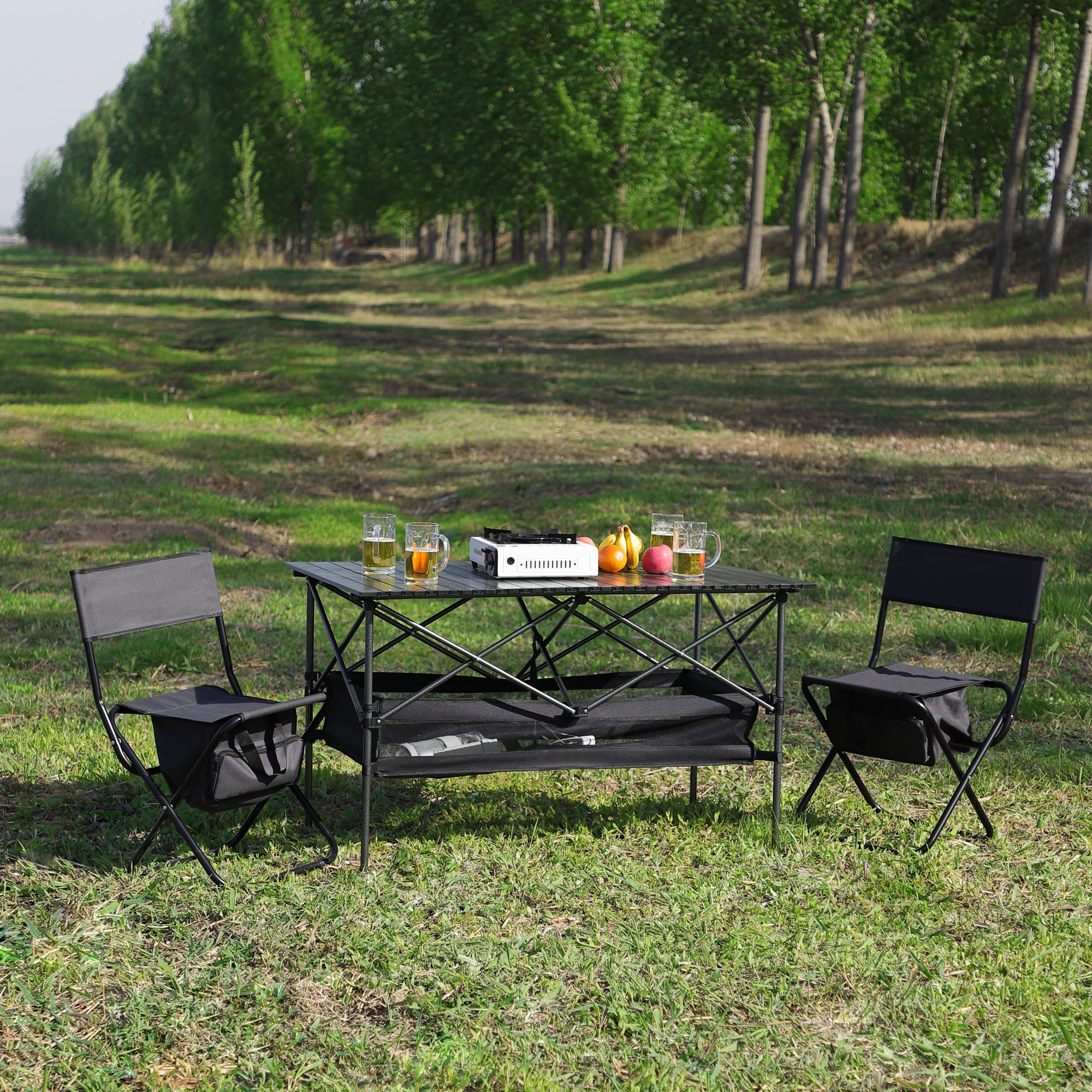 Set of 3 Outdoor Roll up Table and Folding Chair Set Portable Camping Set- Black_1