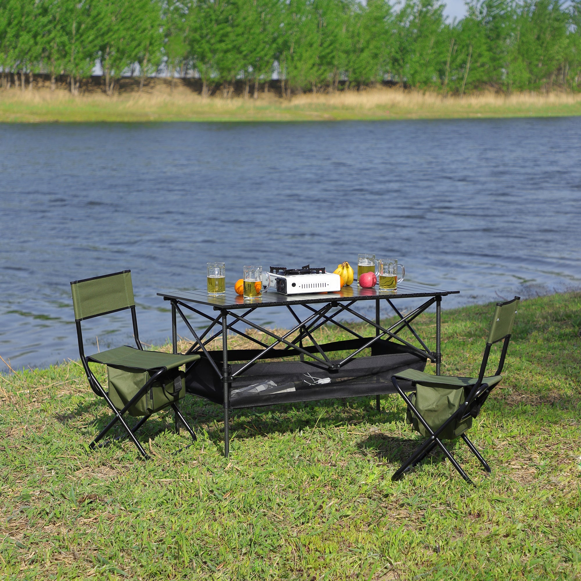 Set of 3 Folding Outdoor Table and Chair Set Portable Camping Set- Black+Green_0