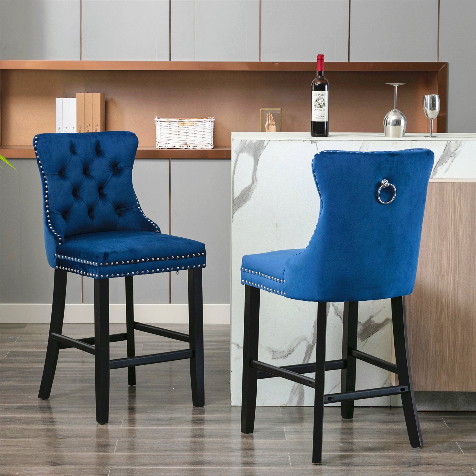 2 pcs High-End Chrome Detailed Tufted Contemporary Velvet Bar Stool with Wooden Legs- Blue, Black_1