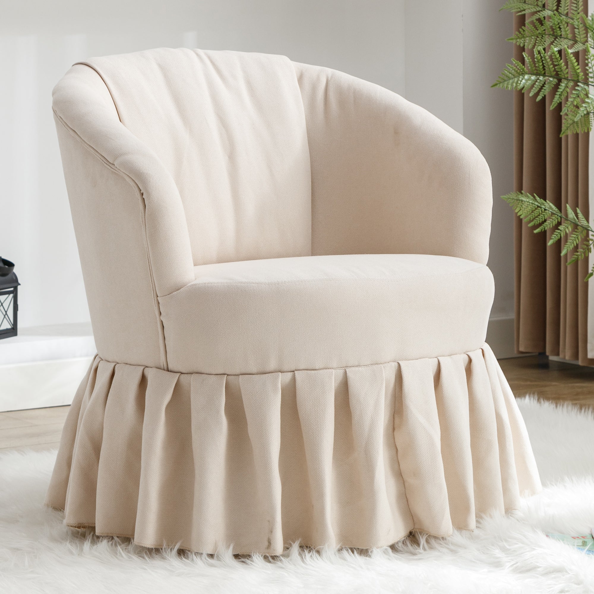 Linen Fabric Accent Swivel Chair Auditorium Chair With Pleated Skirt- Beige_11