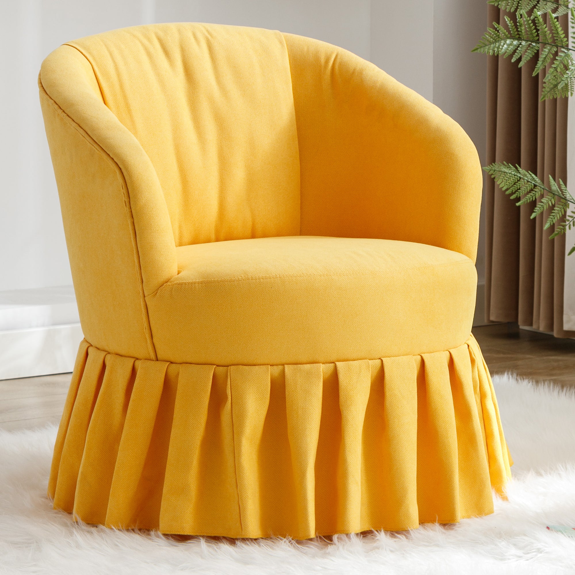 Linen Fabric Accent Swivel Chair Auditorium Chair With Pleated Skirt- Yellow_12