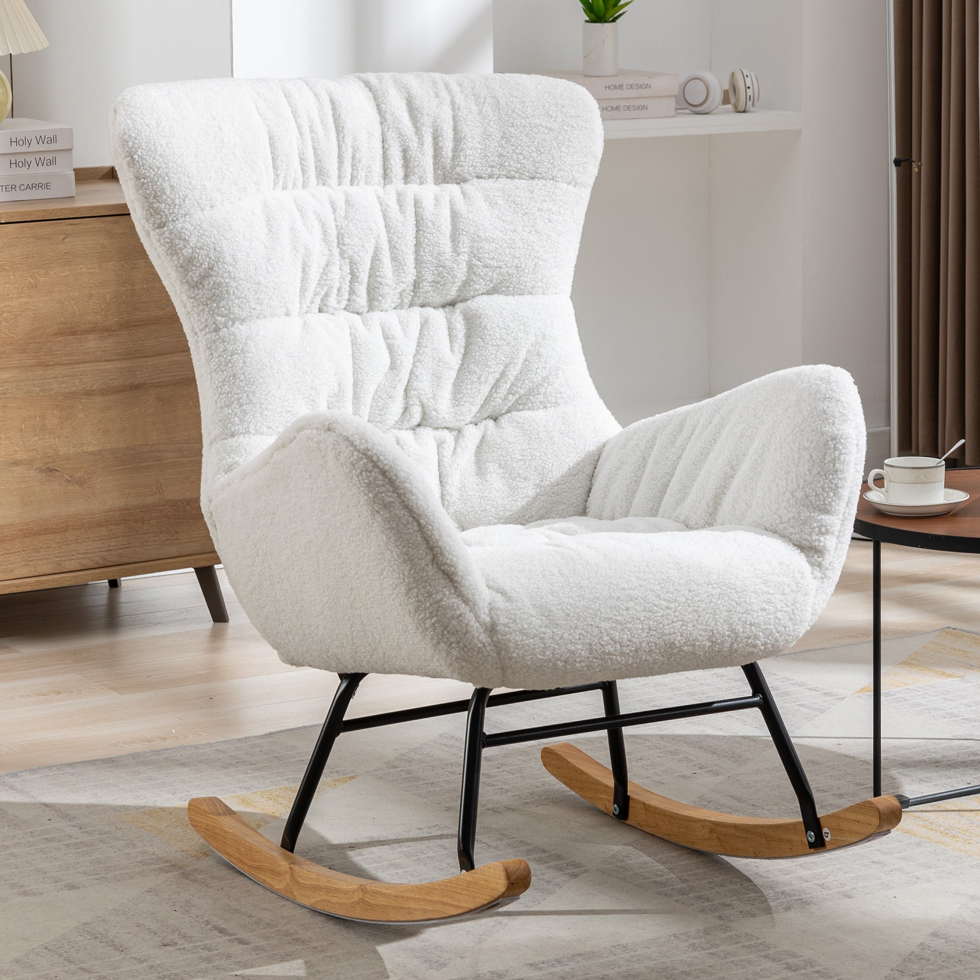 Modern Teddy Fabric Rocking Chair Accent Armchair with Wooden Legs- Ivory_0