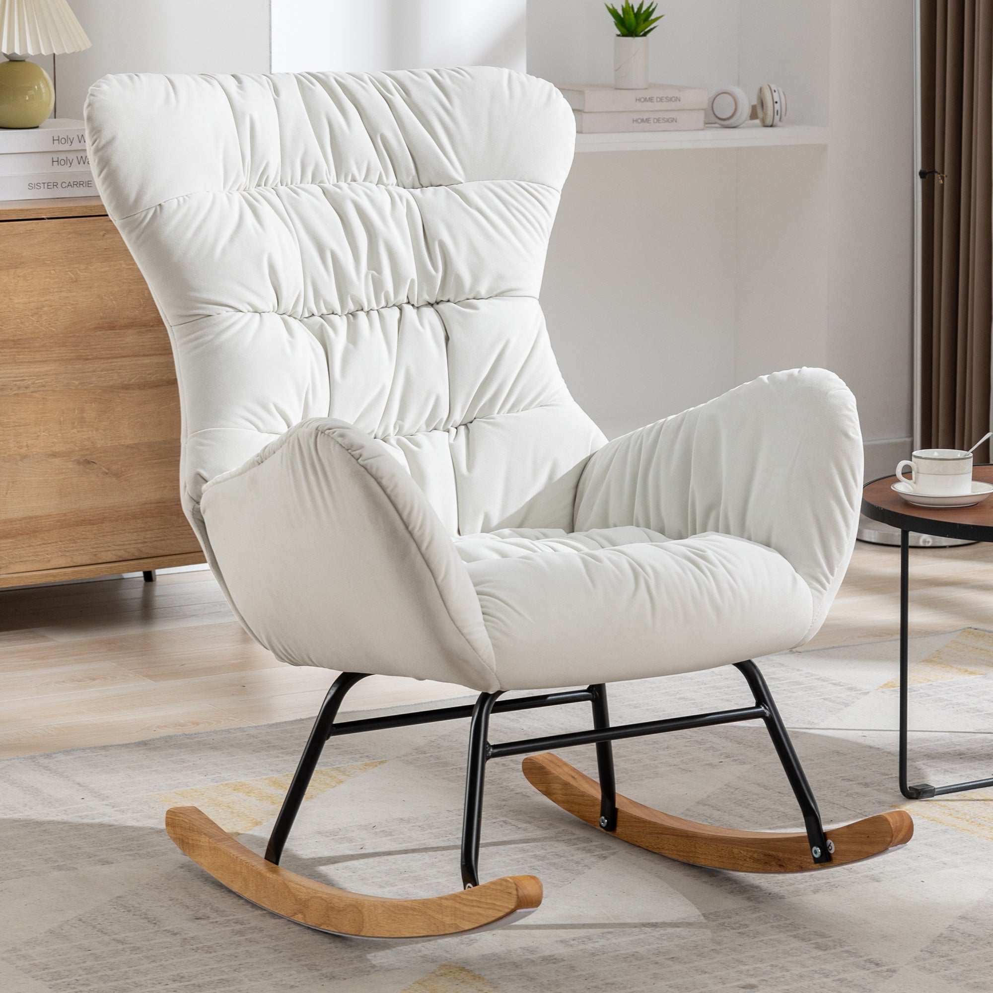 Modern Velvet Fabric Rocking Chair Accent Armchair with Wooden Legs- Ivory_1