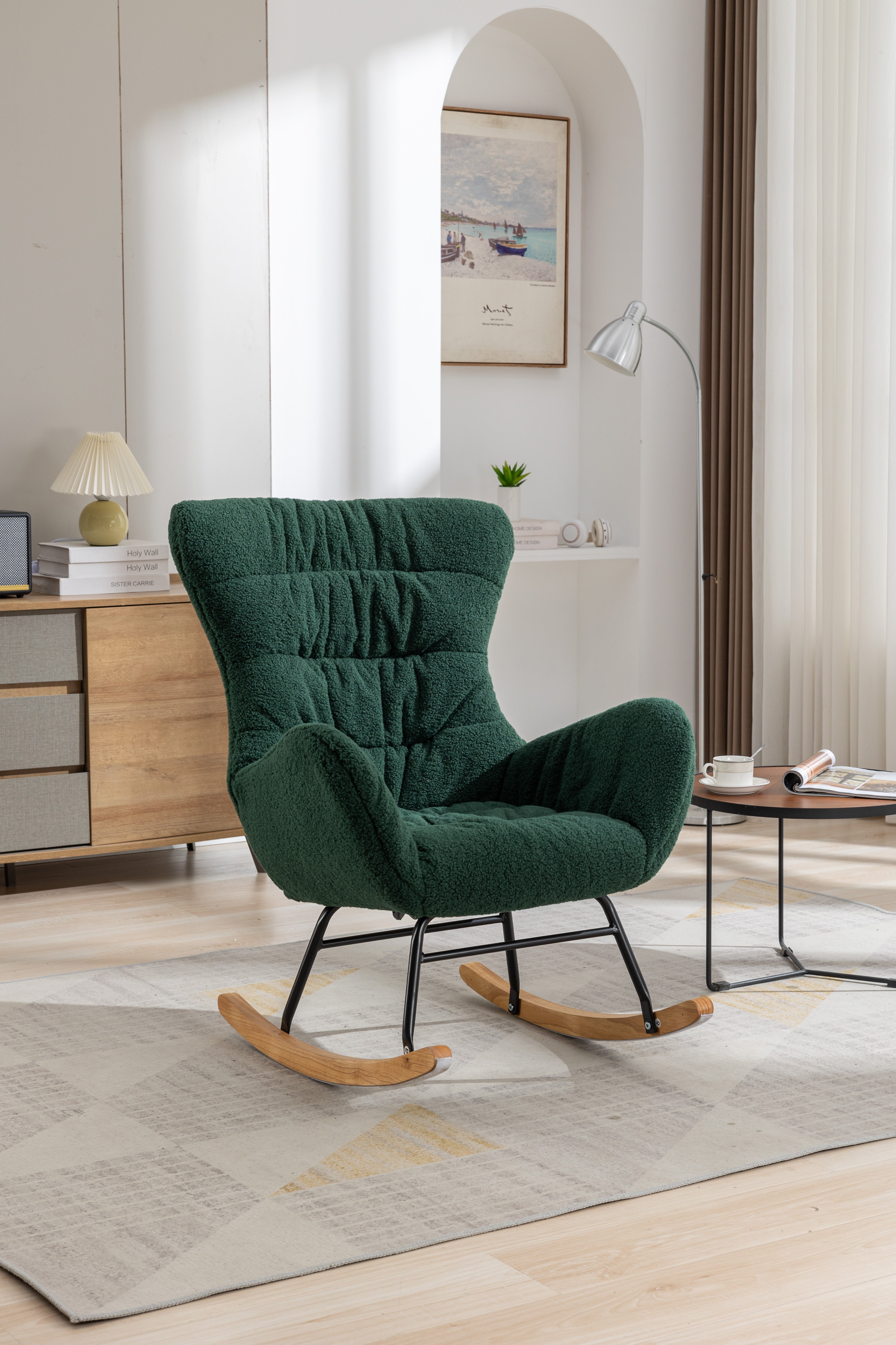 Modern Teddy Fabric Rocking Chair Accent Armchair with Wooden Legs- Green_19