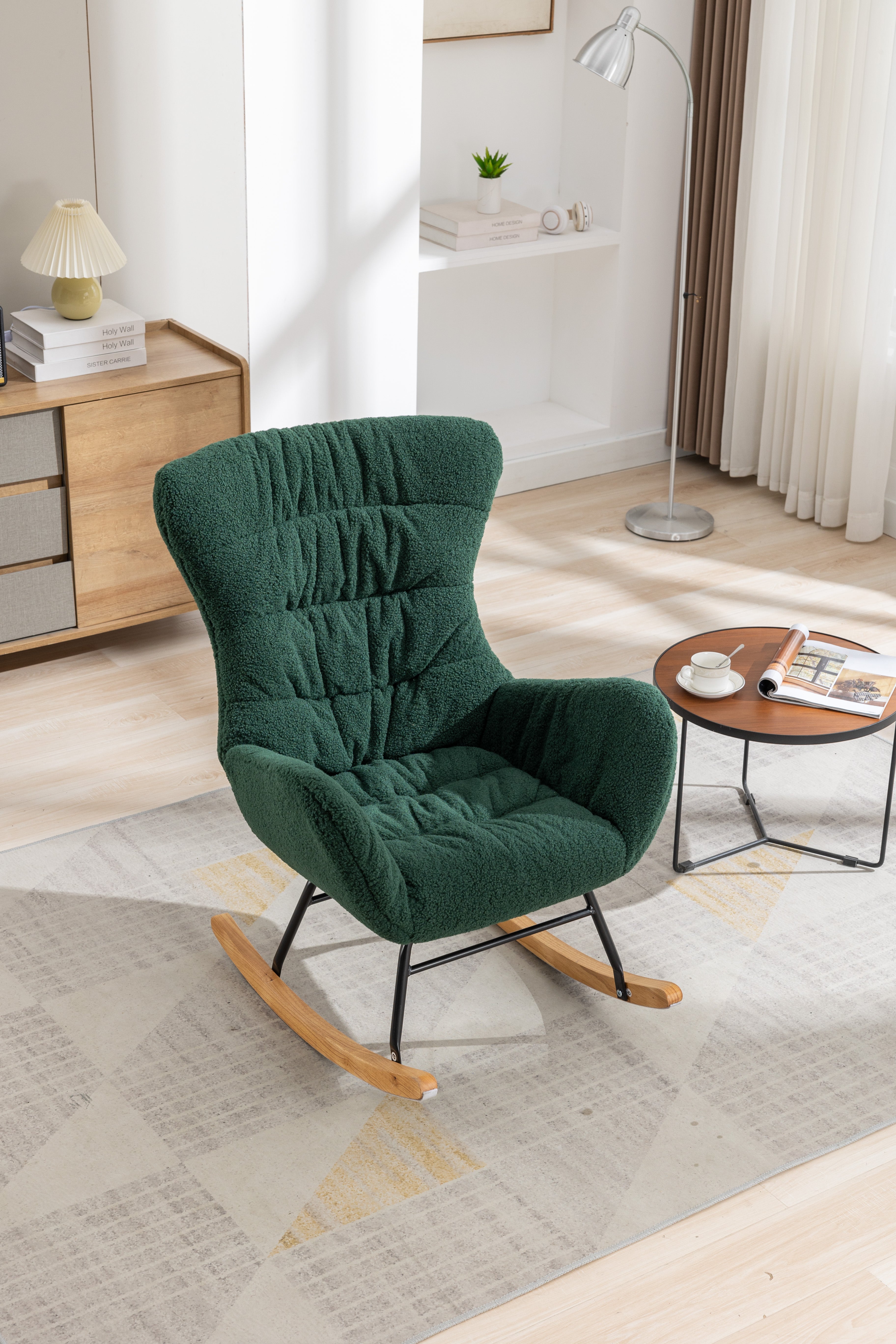 Modern Teddy Fabric Rocking Chair Accent Armchair with Wooden Legs- Green_2