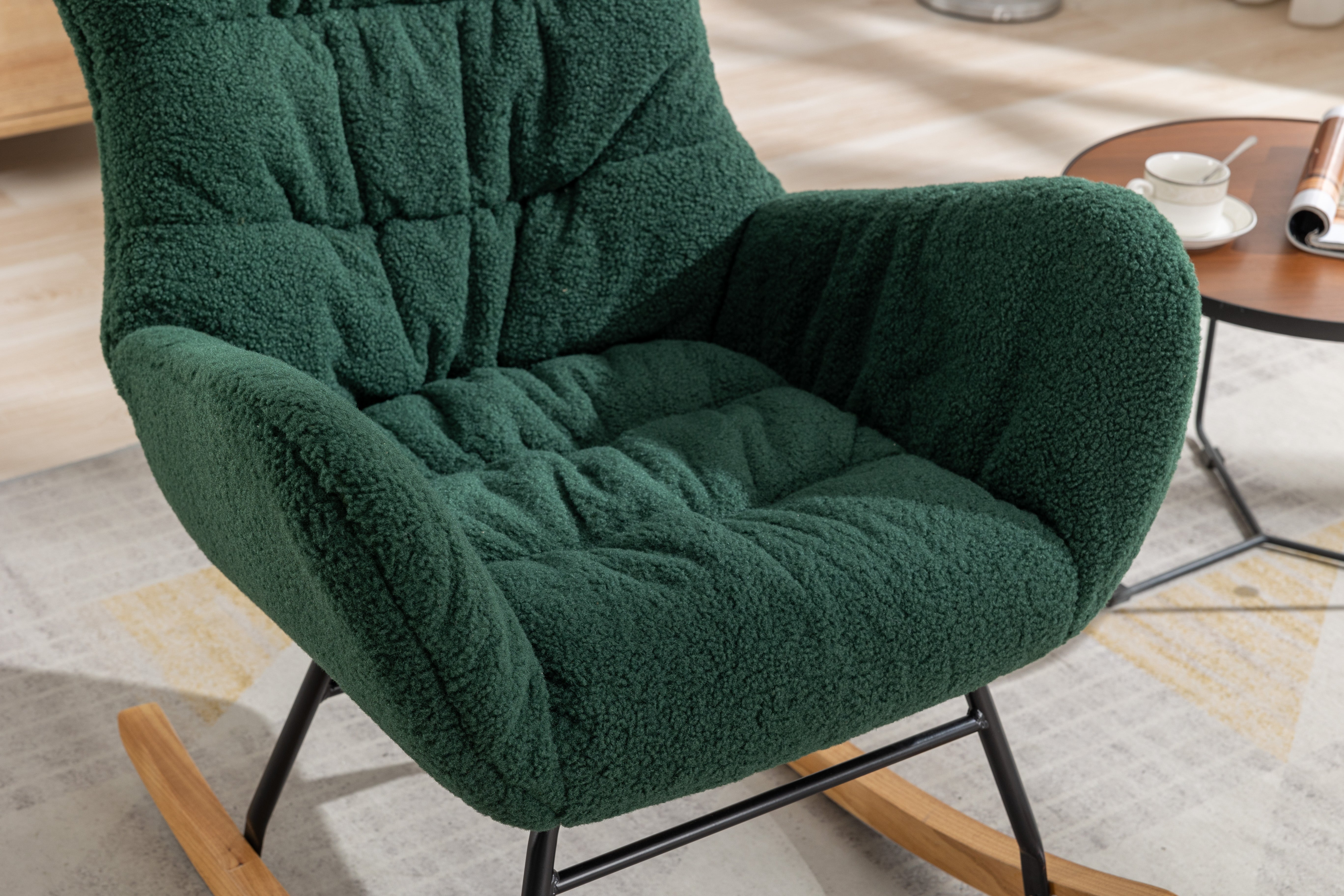 Modern Teddy Fabric Rocking Chair Accent Armchair with Wooden Legs- Green_16