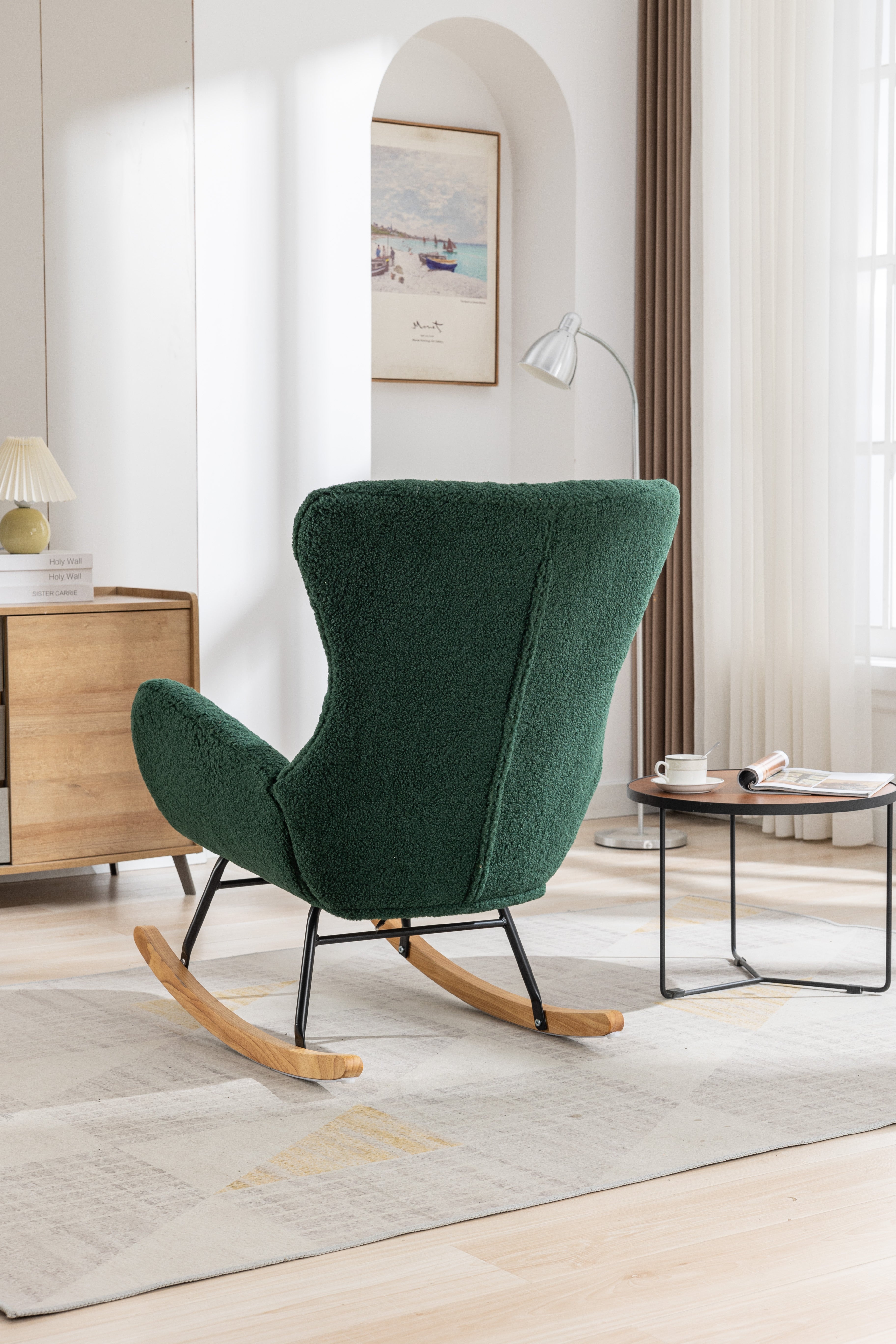 Modern Teddy Fabric Rocking Chair Accent Armchair with Wooden Legs- Green_17